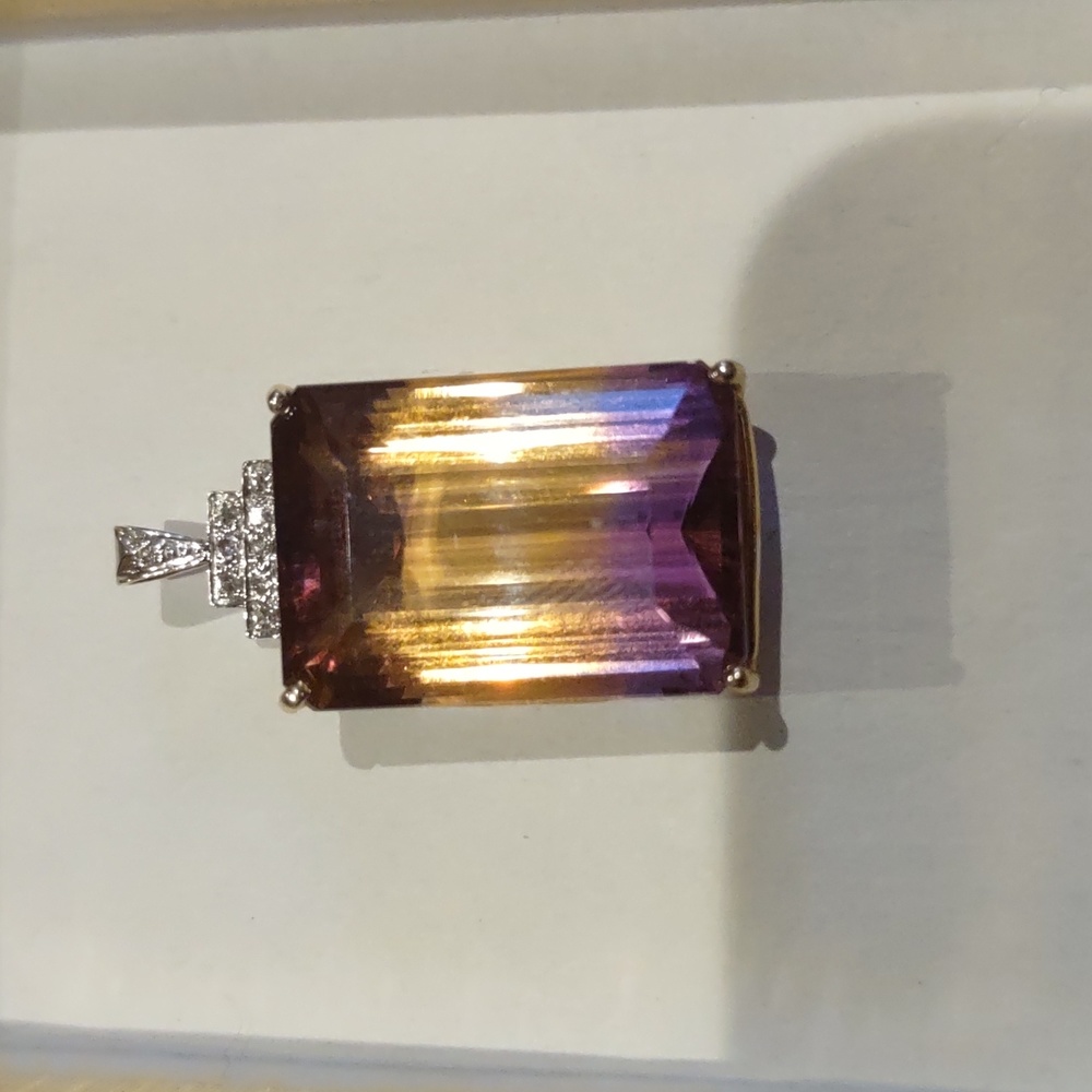 Ametrine Stone pendant amethyst, citrine stone, 14 kt yellow gold diamon… - Picture 3 of 6